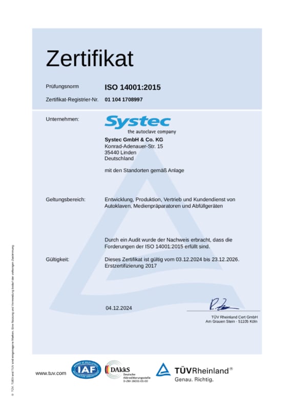 Certificato: Gestione ambientale Systec secondo ISO 14001