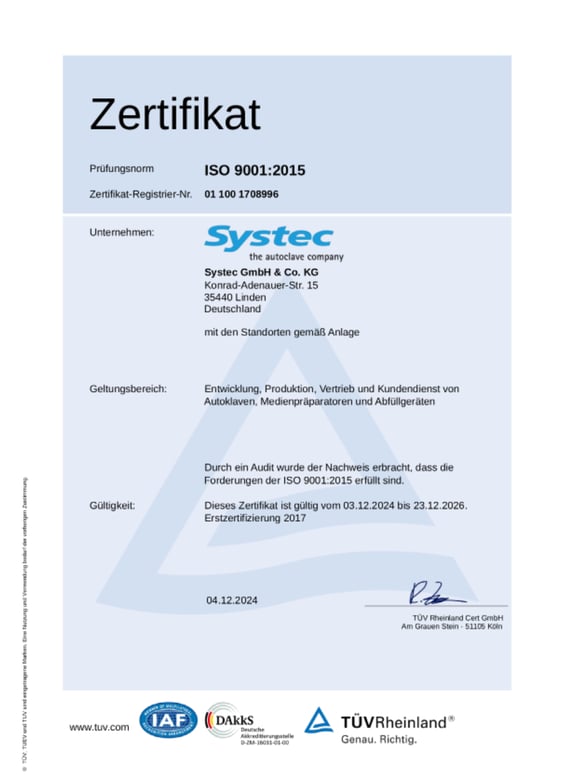 Certificato: gestione della qualità Systec secondo ISO 9001